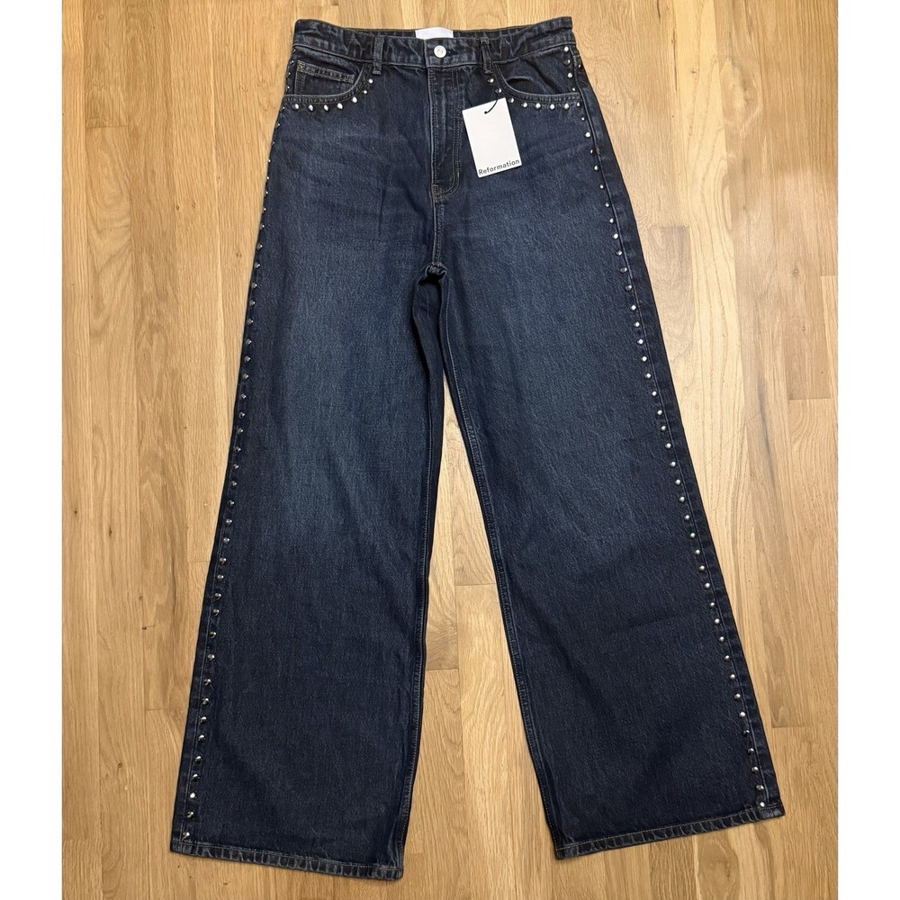 Reformation Dark Wash High Rise Wide Leg Jeans with Silver Studs